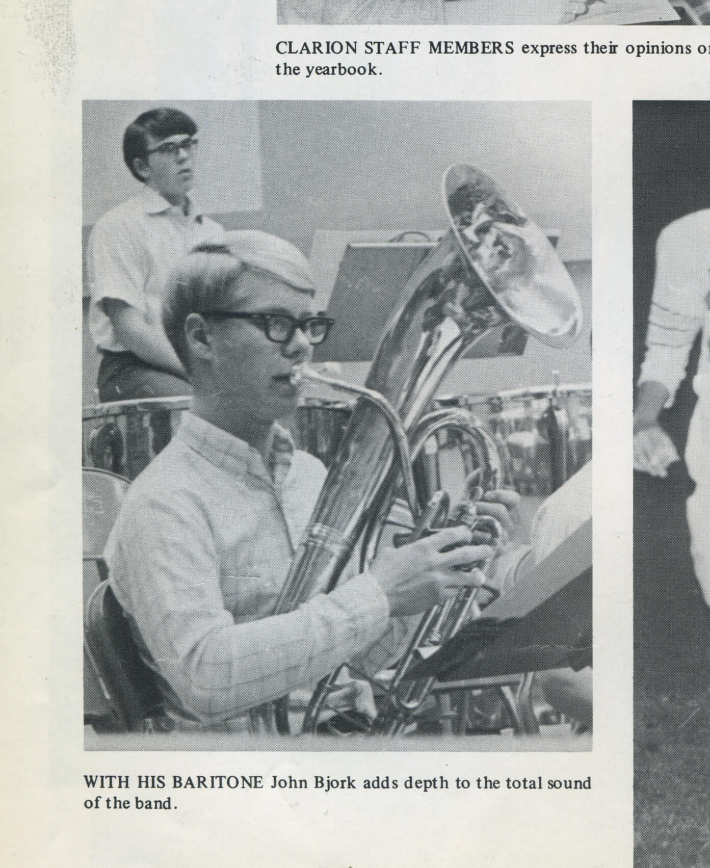 A young man playing a baritone. Caption reads: "John Bjork adds depth to the total sound of the band."