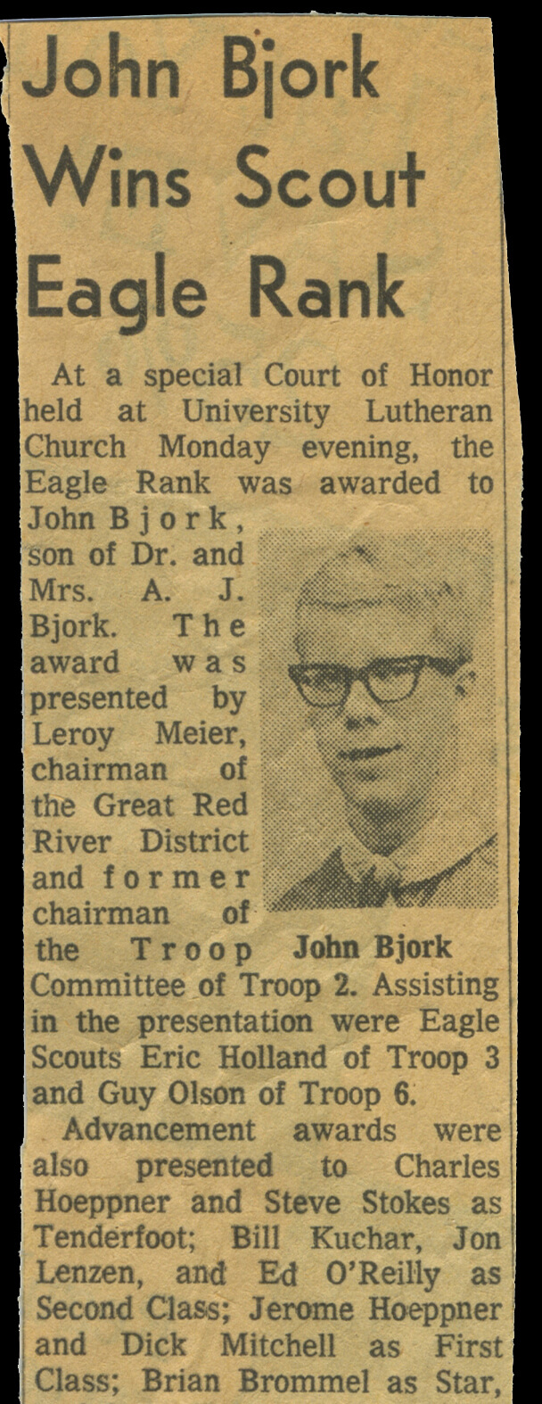 News clipping lauding John Bjork for becoming an Eagle Scout.