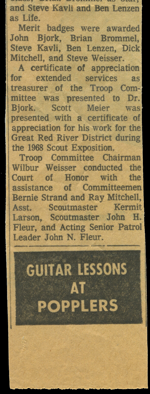 News clipping lauding John Bjork for becoming an Eagle Scout.