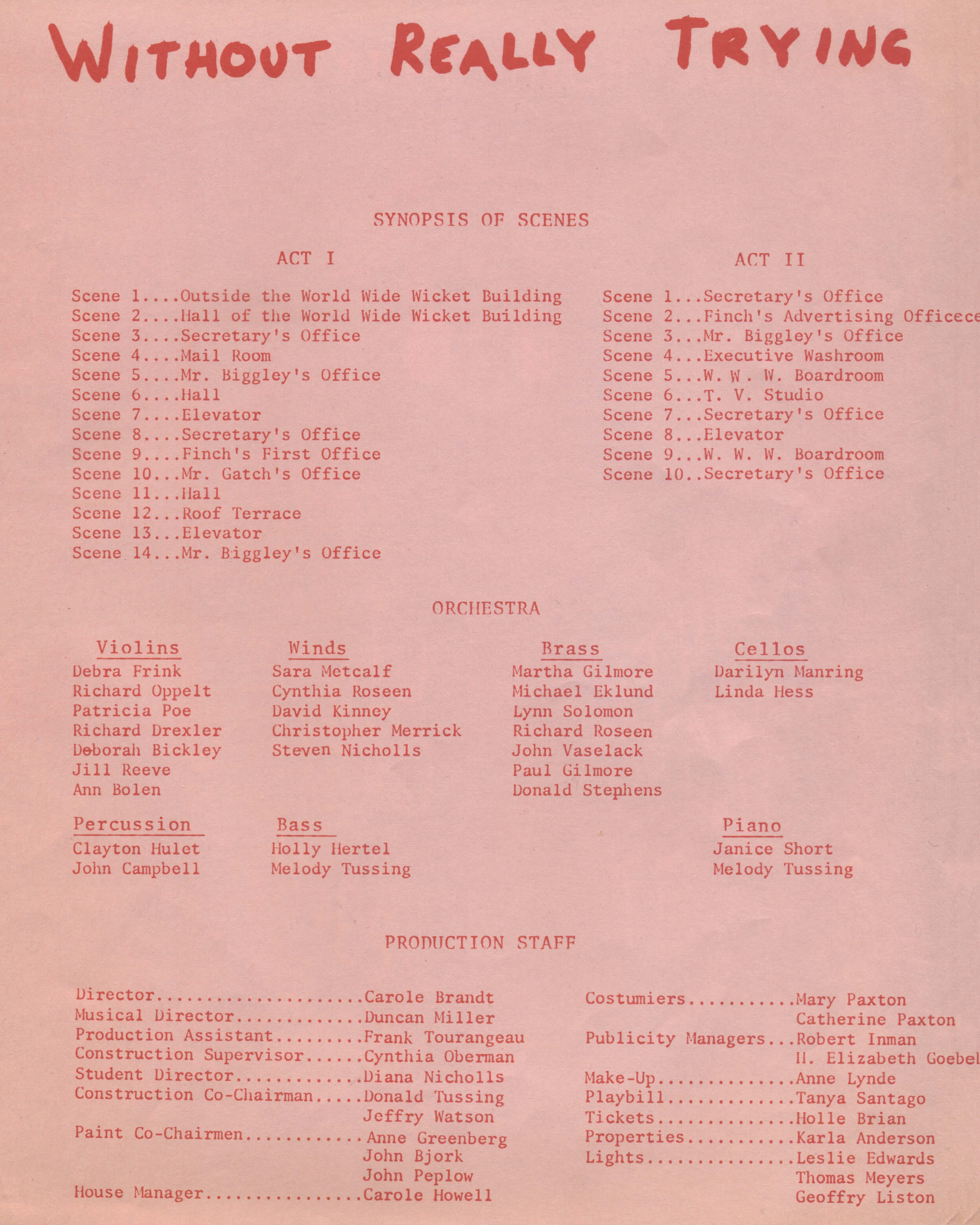 Inside cover of a high school play bill. Title at the top reads "Without Really Trying".