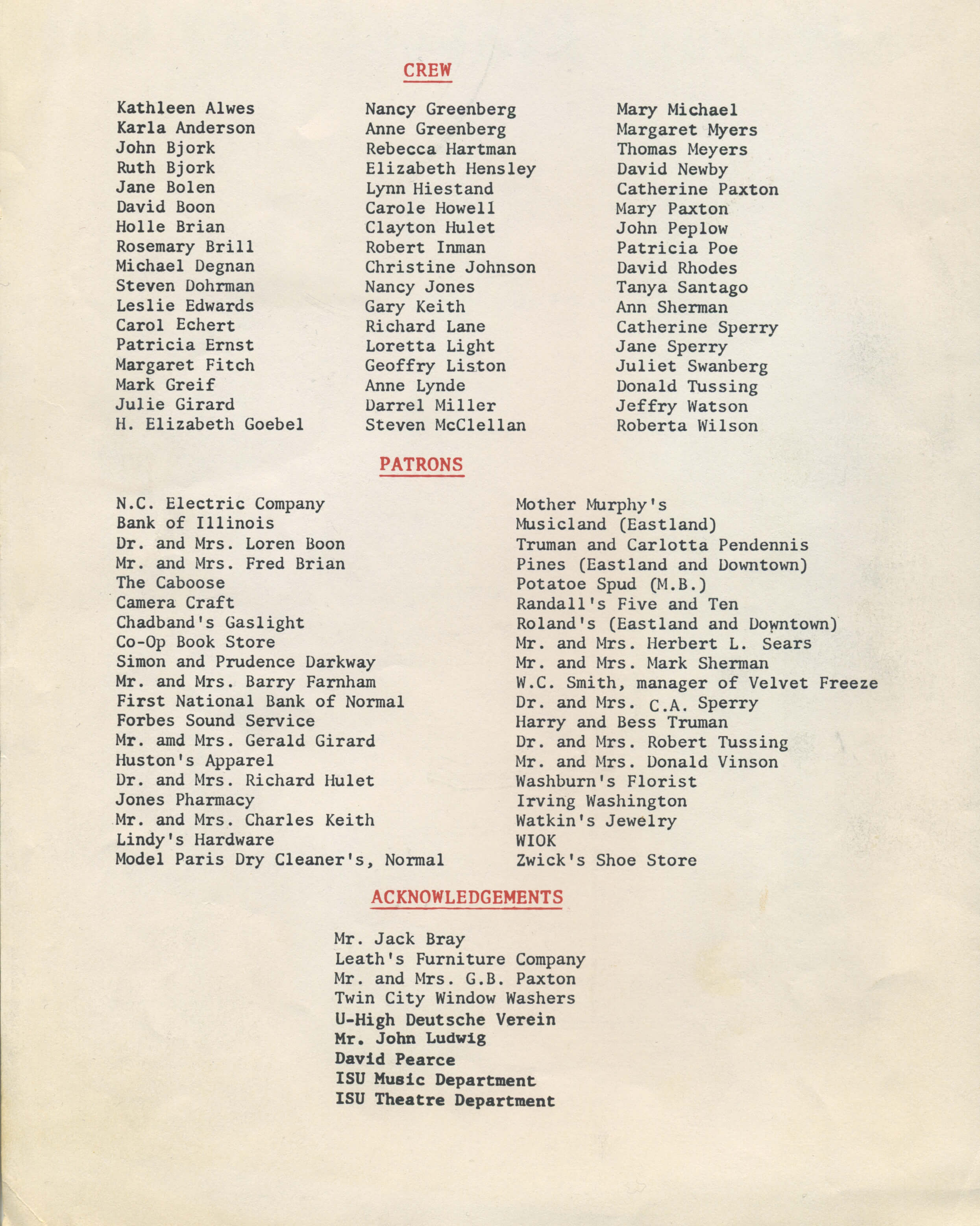 Back cover of a high school play bill. Crew, Patrons, and Acknowledgements.
