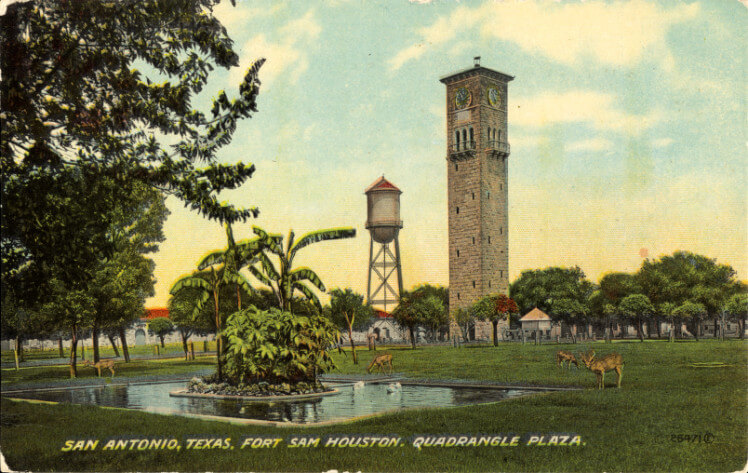 A watercolor postcard of a courtyard with a square fountain, deer on a lawn, a tall tower, and a water tower.