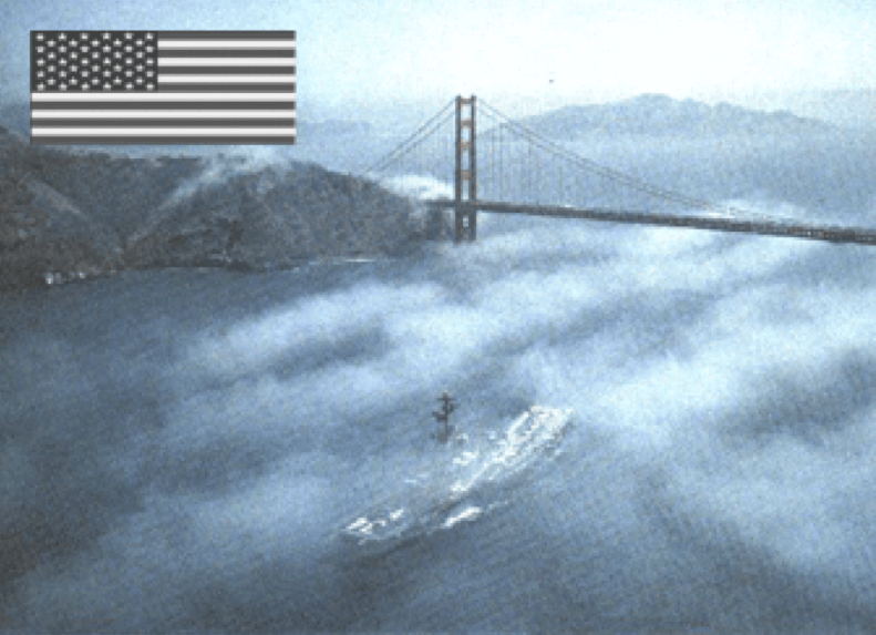 Grainy photo of a bridge on a foggy day, superimposed American flag in upper left hand corner.