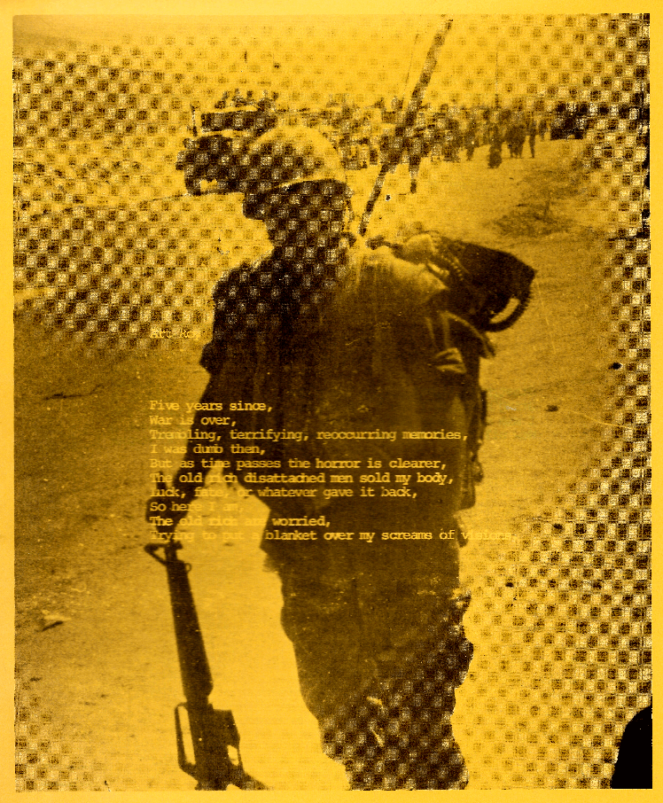 An orange-tinted photoshopped image of a soldier, with a poem typed over it.
