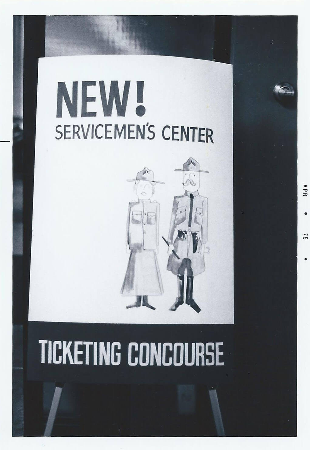 Poster for a "New! Servicemen's Center" with illustrated servicewoman and serviceman.