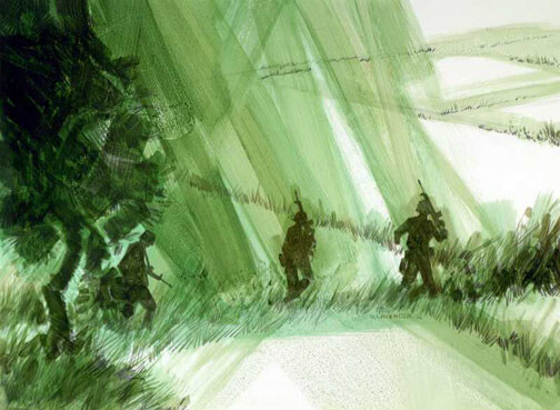 Artistic rendering of three soldiers spread out, on patrol. Green inks on white paper.
