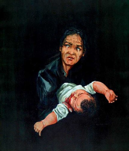 A stark painting of a crying woman, a bloody infant, against a black backdrop.