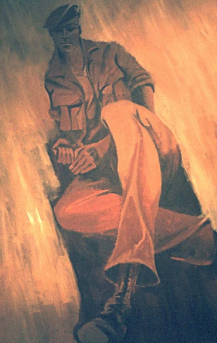 Artistic rendering of a seated sailor, painted in oranges and blacks.
