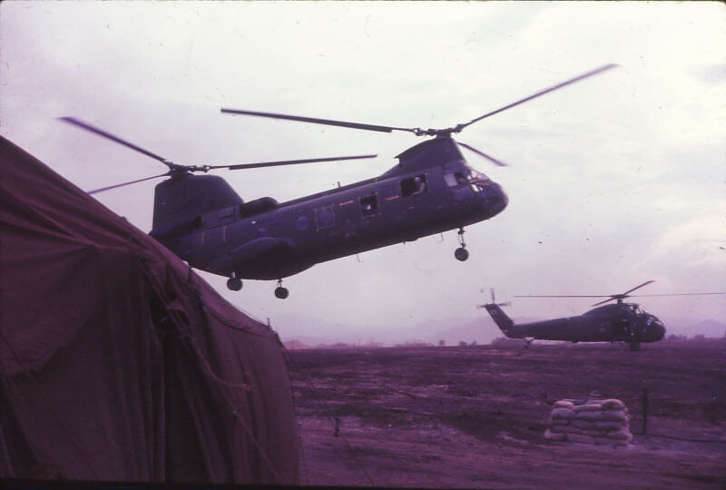 Two helicopters, one a Chinook and the other appears to be a Sikorski CH-34 Choctaw.