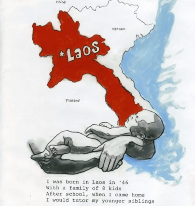 Painted map of Laos and a baby in a mother's arms.