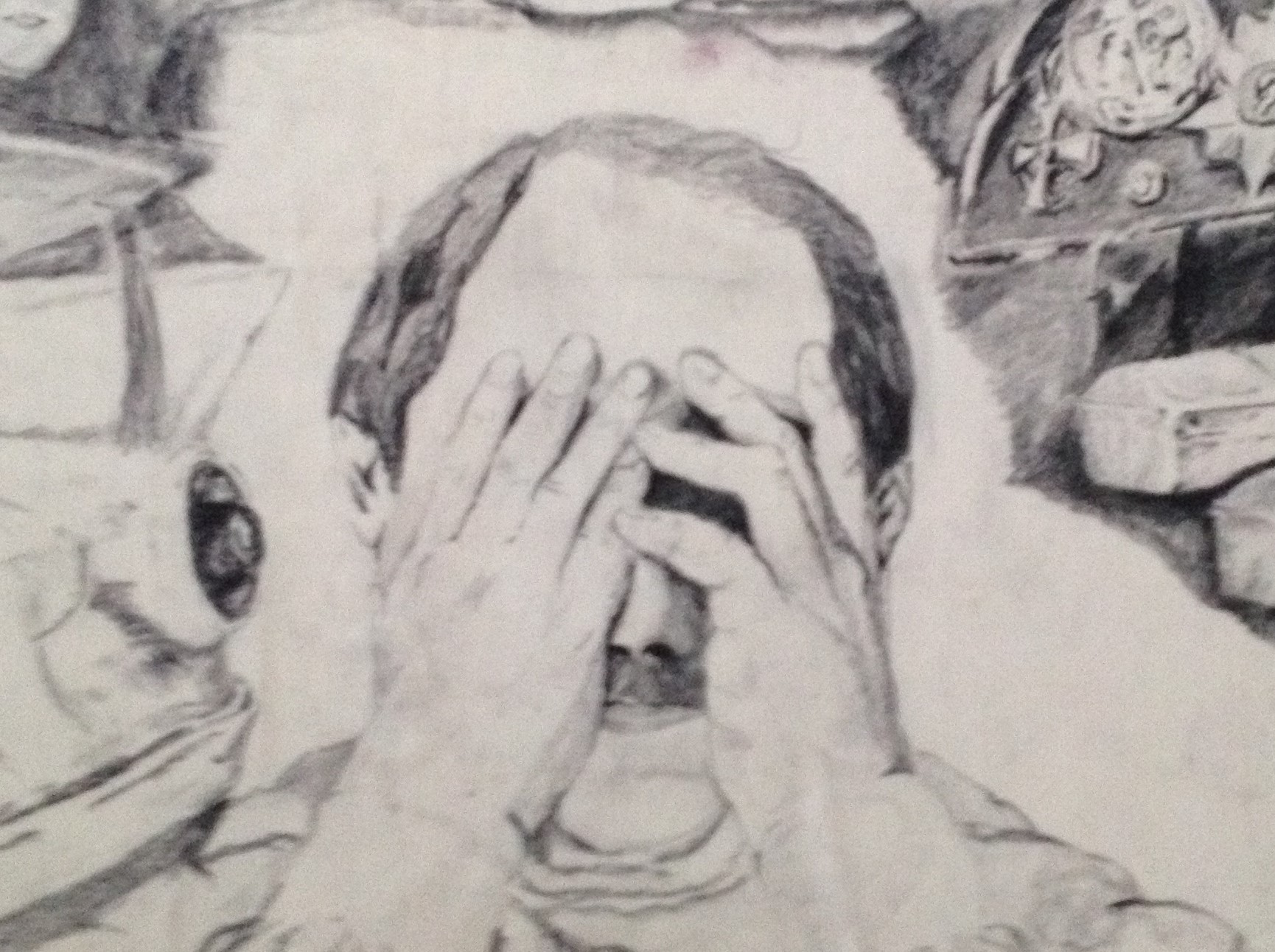 A close-up sketch of a man with his hands over his face, visual clutter around the perimeter of the drawing.