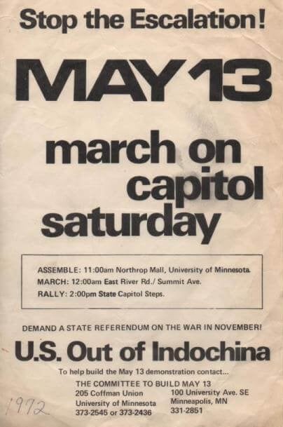 Leaflet that says "Stop the escalation! May 13 march on capitol saturday. U.S. Out of Indochina."