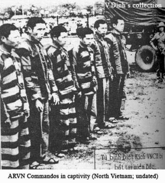 Six Asian men standing in a line wearing stripes. Caption reads "ARVN Commandos in captivity North Vietnam; undated)".