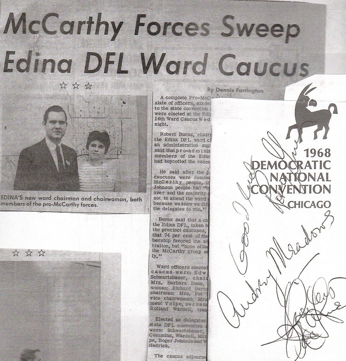 Newspaper clipping: "McCarthy Forces Sweep Edina Ward Caucus" and autographs from Audrey Meadows, Shirley MacLaine and one other on letterhead from the 1968 DNC in Chicago.