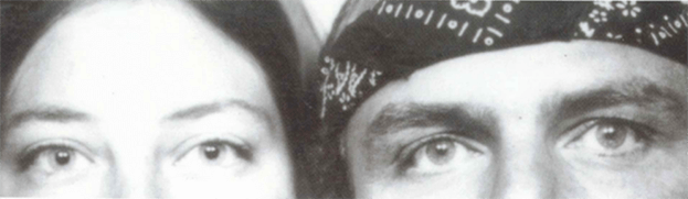 Long narrow photo of a womans and a mans eyes.