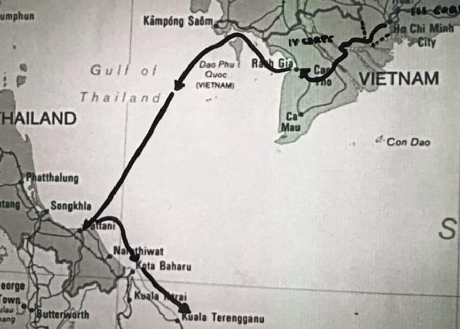 Black and white map of Vietnam, Gulf of Thailand, Thailand with arrows detailing escape route.