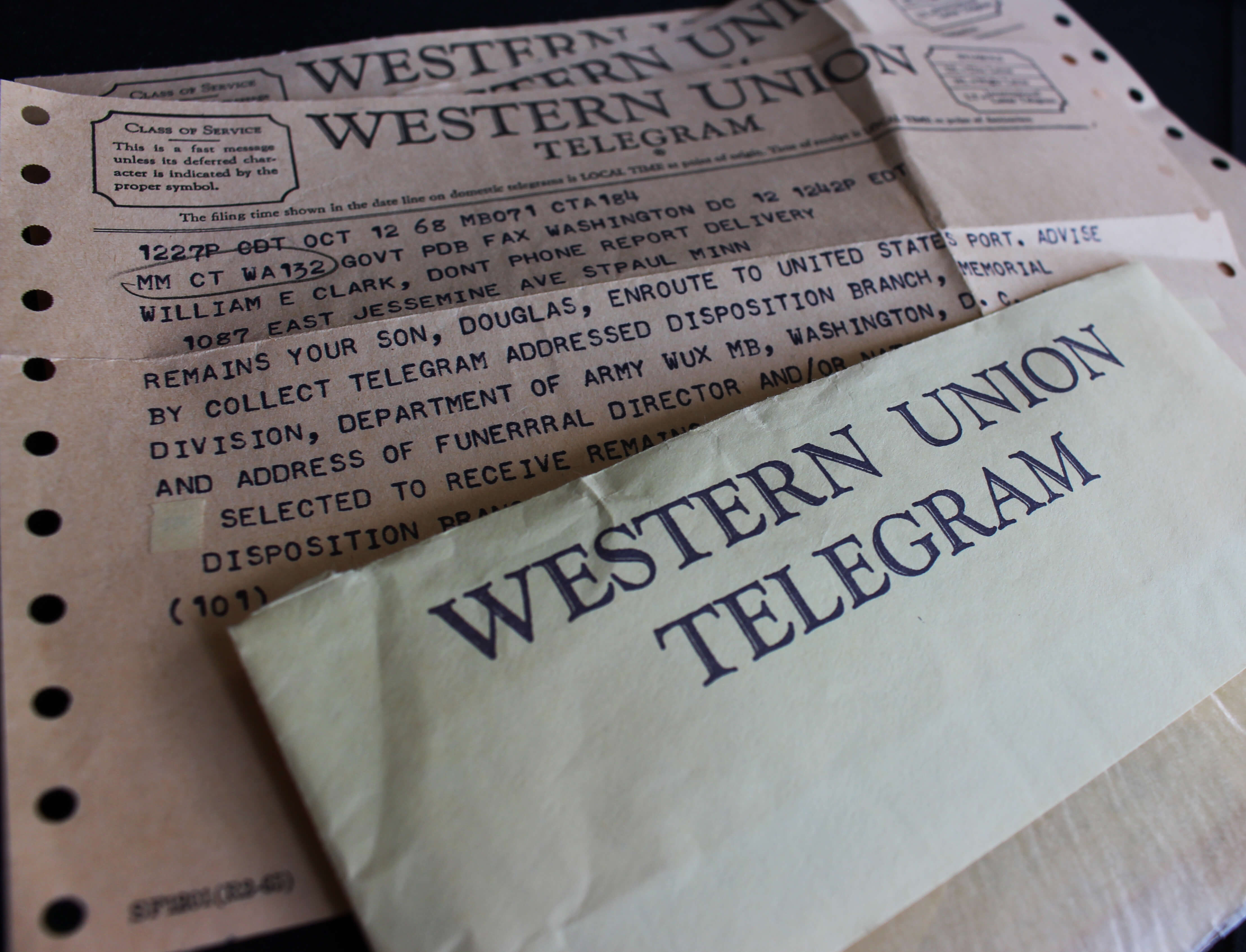 Western Union telegrams detailing that a son's remains will be sent to a funeral home in St. Paul.
