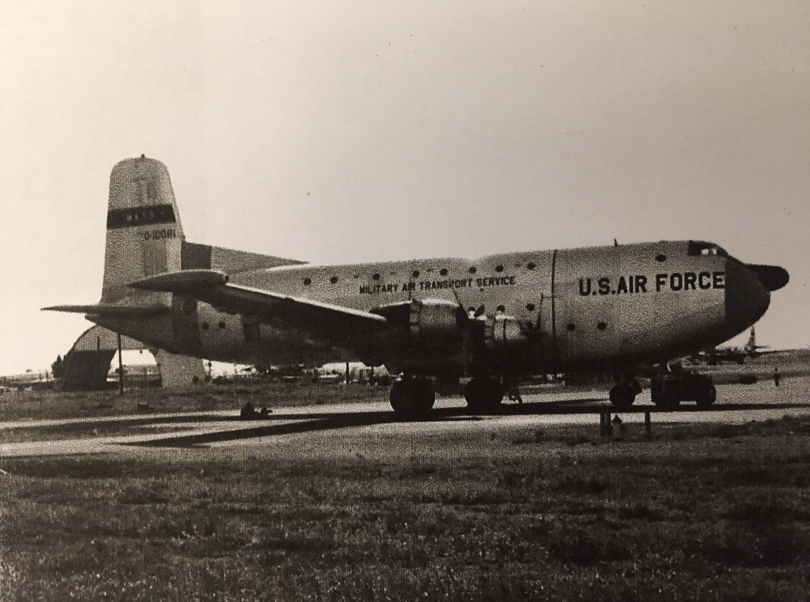 Large US Air Force airplane on the ground.