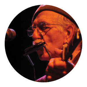 Circular portrait of a man playing the harmonica and guitar.