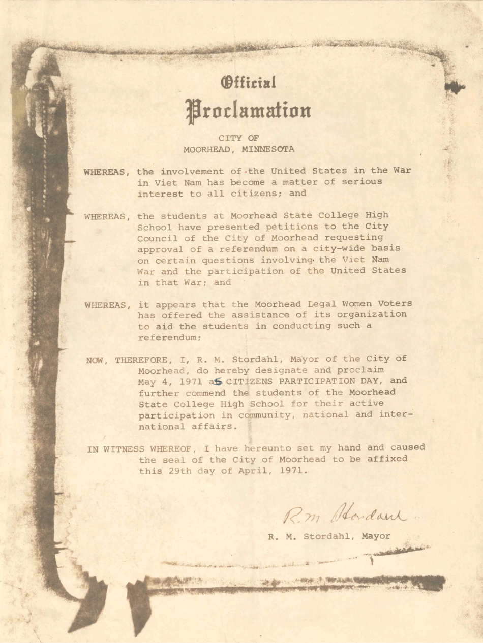 An official proclamation by R. M. Stordahl, mayor or Moorhead, declaring April 29, 1971 to be Citizens Participation Day.
