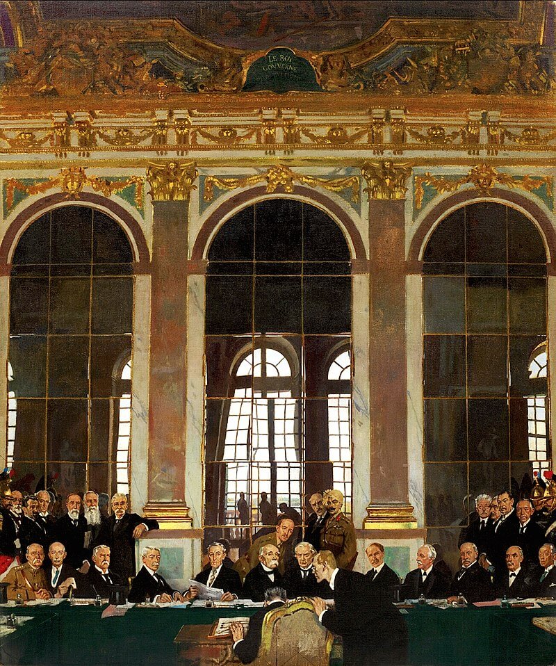 An artistic rendering of the signing of a treaty, the group of men occupying the lower fifth of the painting and the upper portion being mirrors and windows.