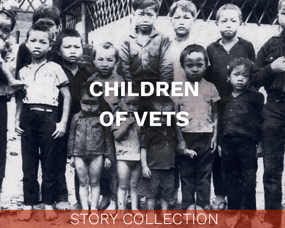 A group of about a dozen Asian children standing in a line, looking towards the camera. Text over image says "Children of Vets."