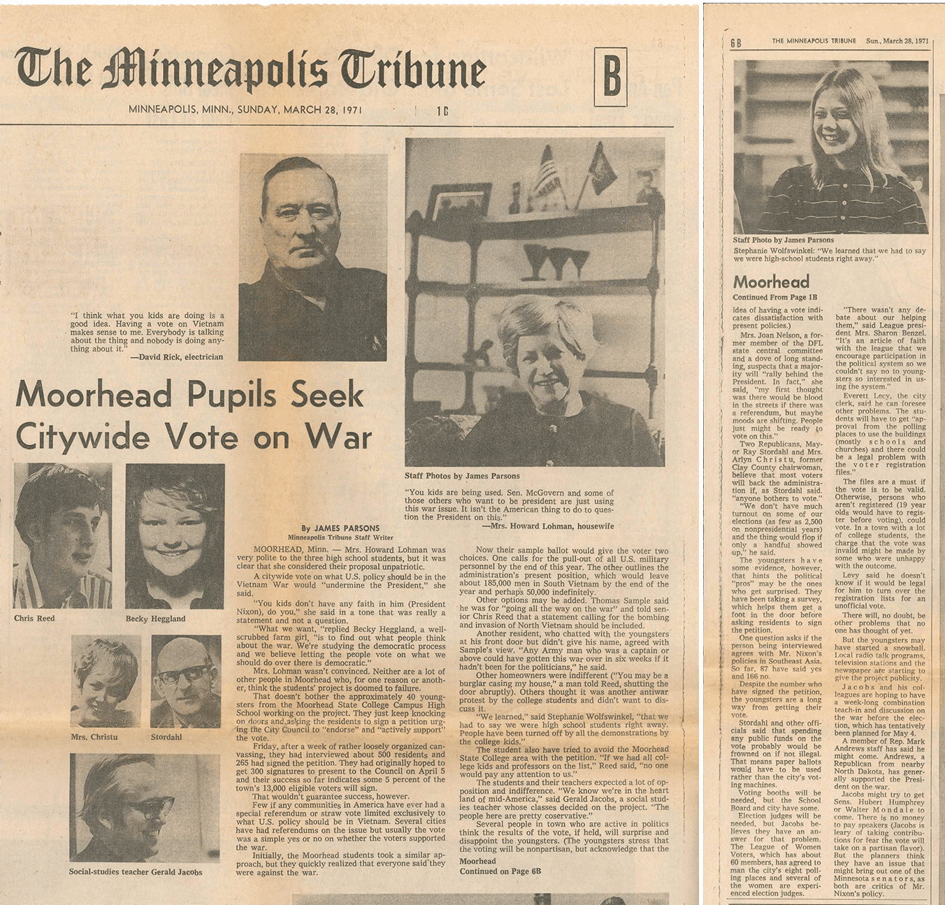 Front page story on Minneapolis Tribune, March 28, 1971. Headline reads "Moorhead pupils Seek Citywide Vote on War."