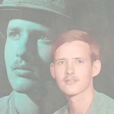 Portrait of a young soldier superimposed in front of an image of the same soldier.
