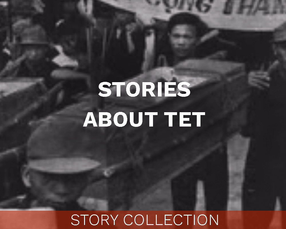 Vietnamese people carrying caskets. Text on image says "Stories about Tet."