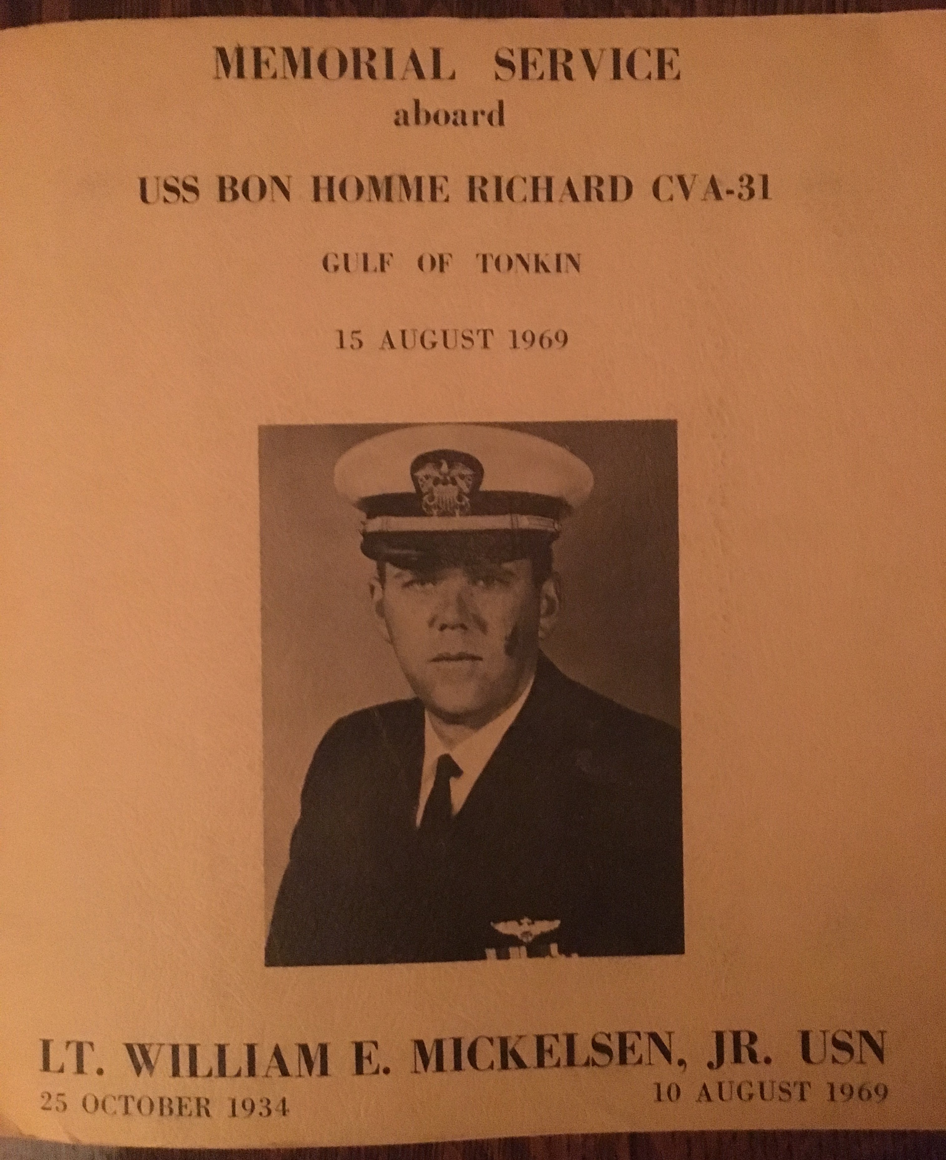 A page from a memorial service program for Lt. William E. Mickelsen, Jr. USN. 25 October 1934 - 10 August 1969.