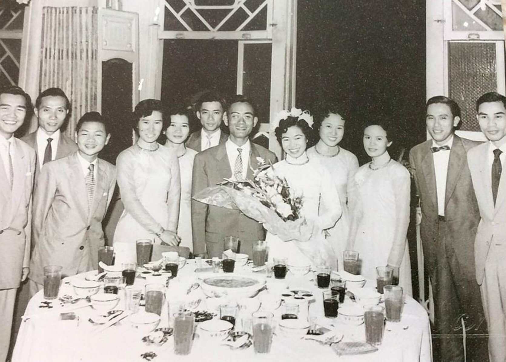 Black and white photo of a Vietnamese wedding party.
