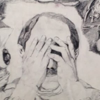 A pencil drawing of a balding man with his hands over his face.