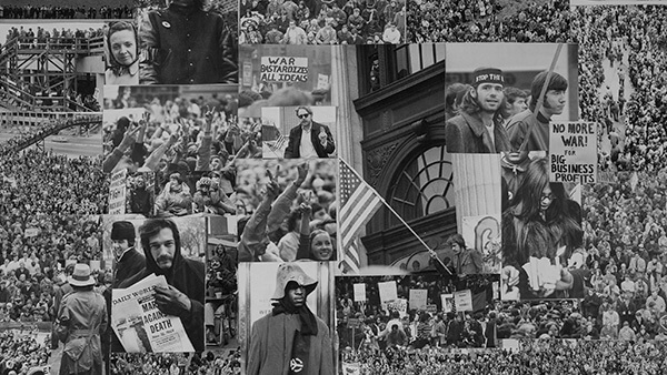 A black and white collage of various protest photos.