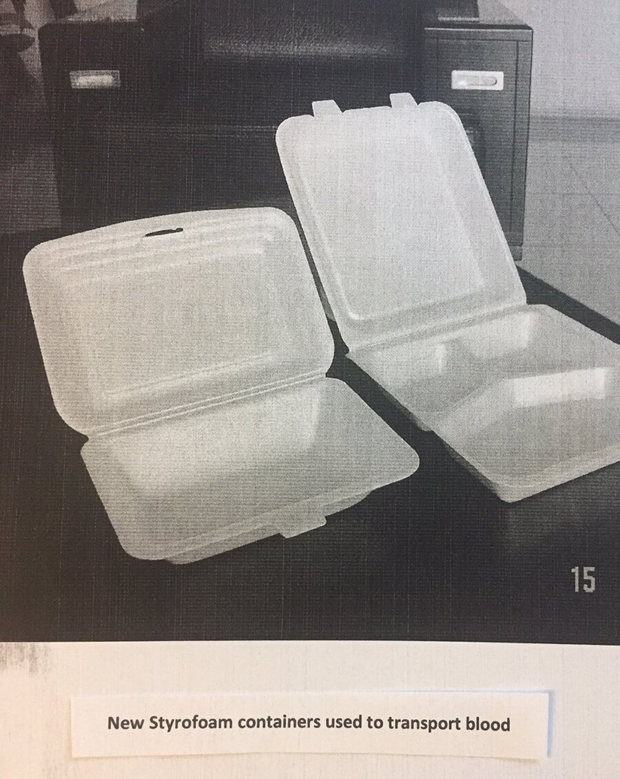 Two different unused Styrofoam containers with the tops open. Caption under photos reads "New Styrofoam containers used to transport blood."