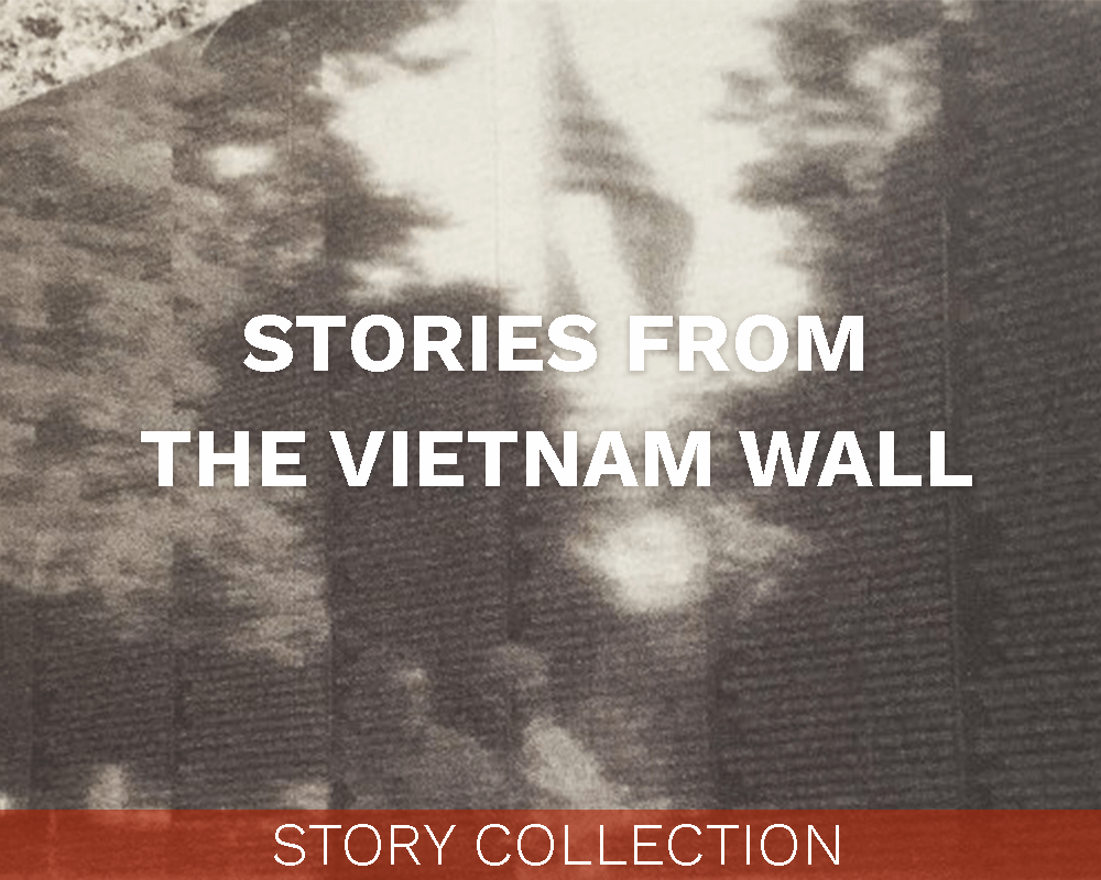 Two men reflected in the Vietnam War Memorial Wall in DC with text "Stories from the Vietnam Wall" over it.