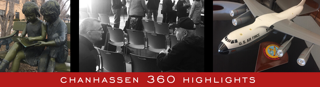 Chanhassen 360 Highlights graphic with photos of people at a library.
