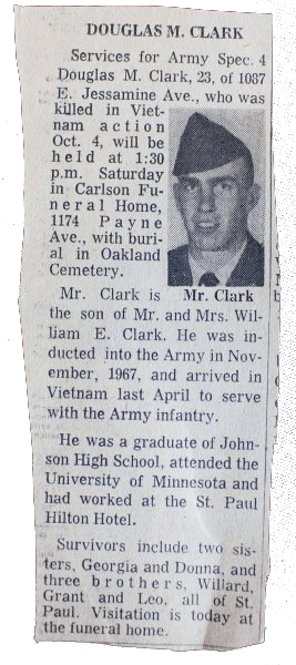 Newspaper clipping announcing death of a soldier.