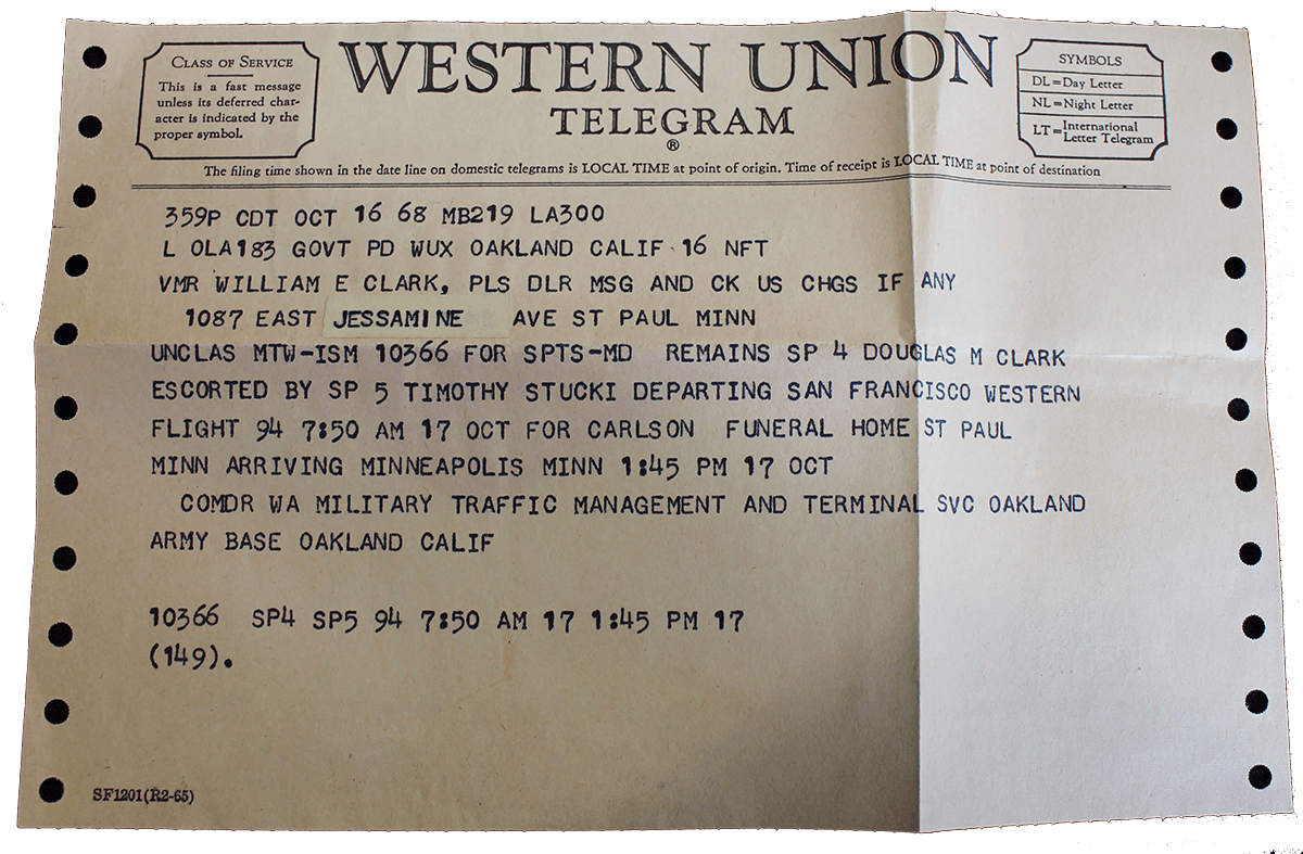 Western Union telegram detailing that a son's remains will be sent to a funeral home in St. Paul.