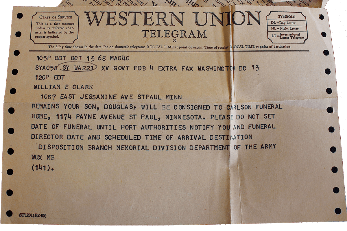 Western Union telegram detailing that a son's remains will be sent to a funeral home in St. Paul.