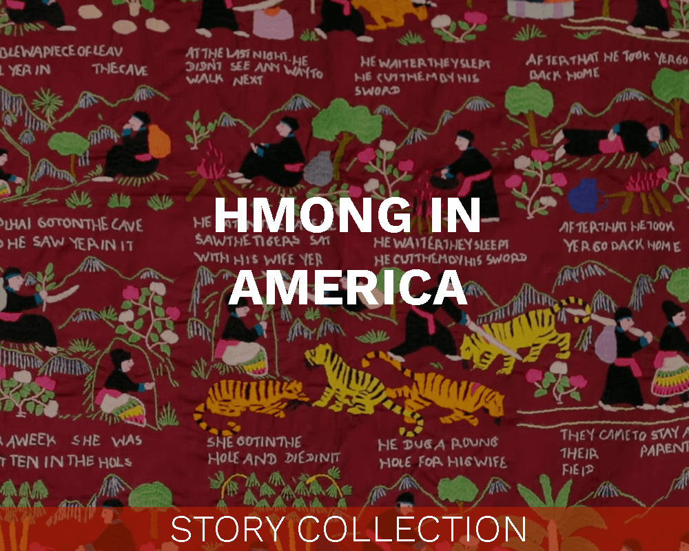 A red Hmong story cloth with text that says "Hmong In America."