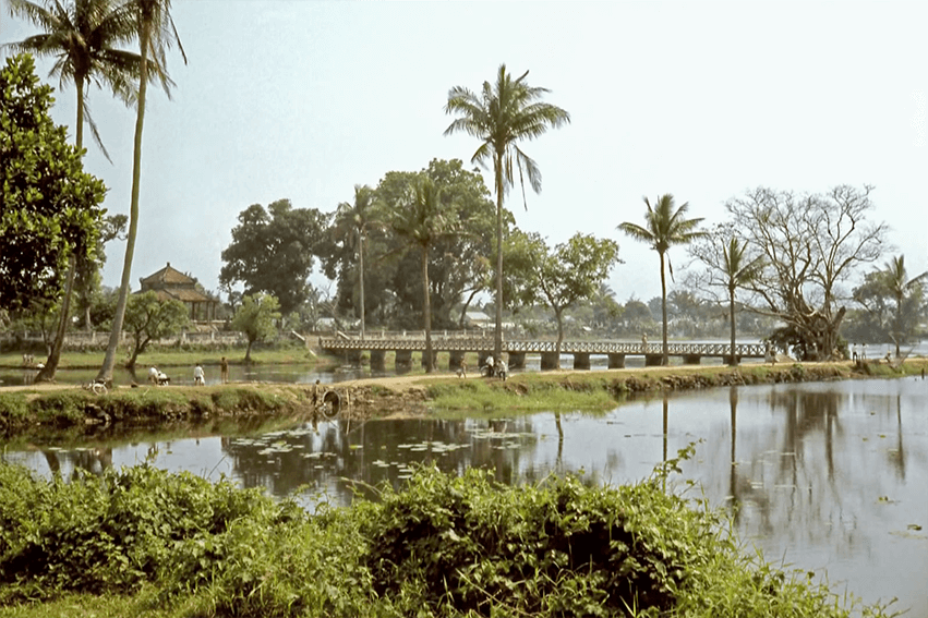 A tropical looking scene near water. A land bridge and a bridge intersect, palm trees and other vegetation dot the scene.