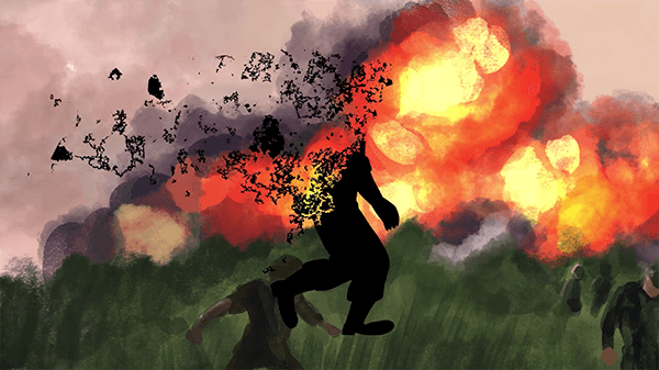 Artistic rendering cartoon of a silhouette of a soldier walking in front of a firey war zone; the soldier is disintegrating and blowing away.