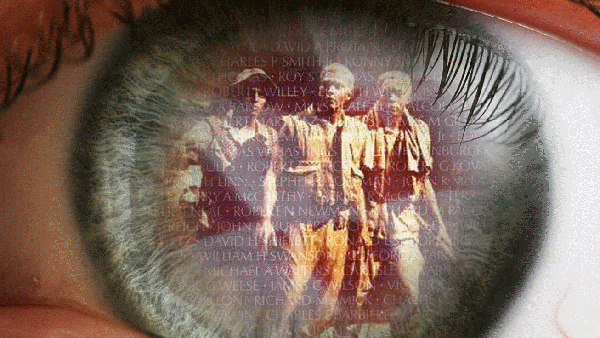 Artistic rendering of the statues of soldiers from the Vietnam Veterans Memorial being reflected back in a blue eye ball.