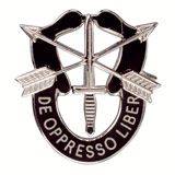 A black and silver enamel pin that says "De Opresso Liber".