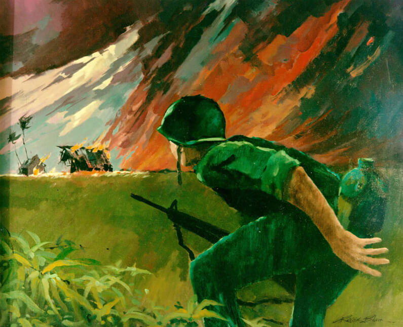 Painting of a soldier running across a field