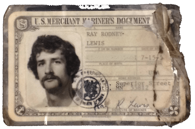 Merchant Marines photo ID of a young man with long hair and a mustache names Ray Lewis.