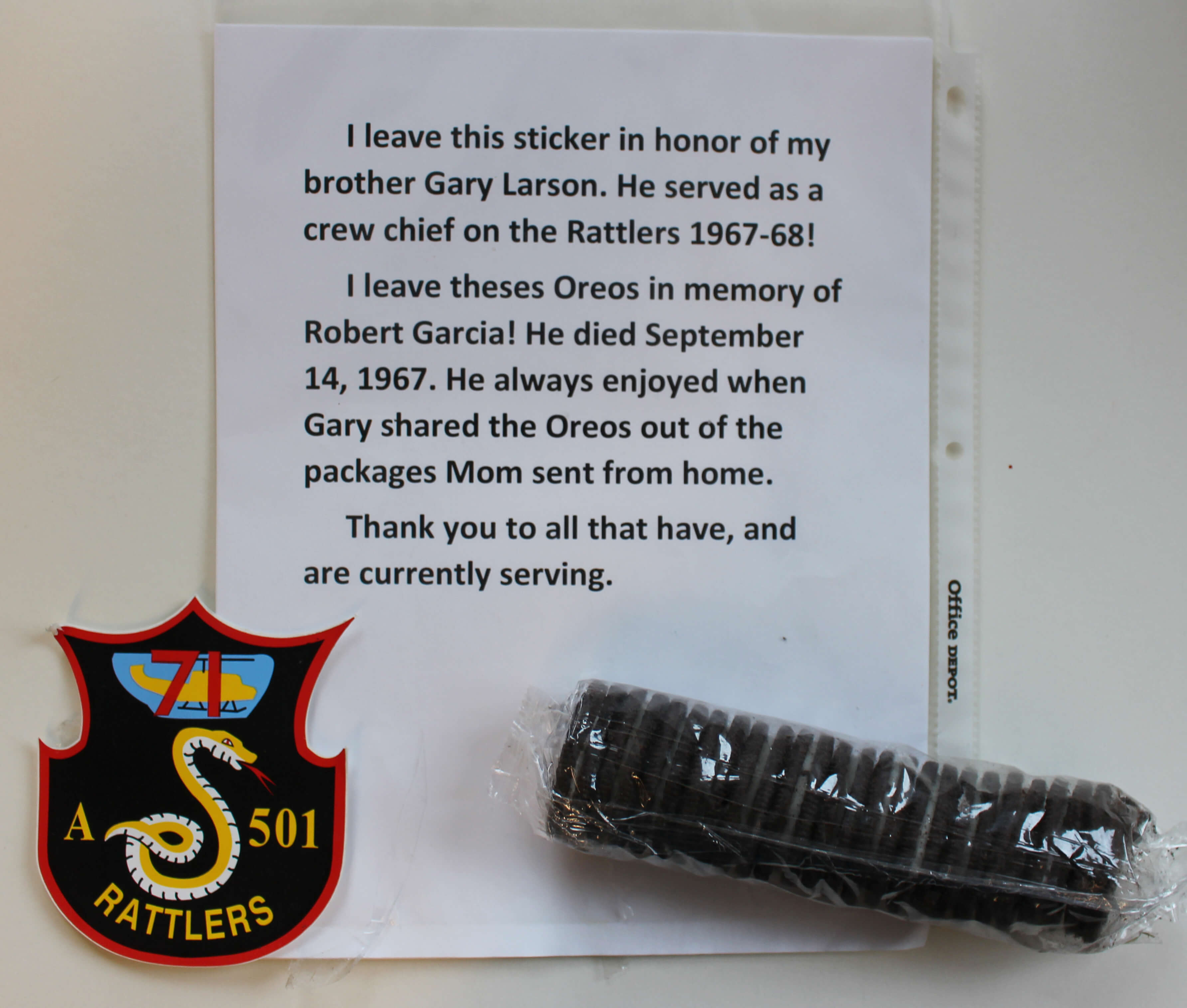 Letter, military sticker, and package of Oreo cookies