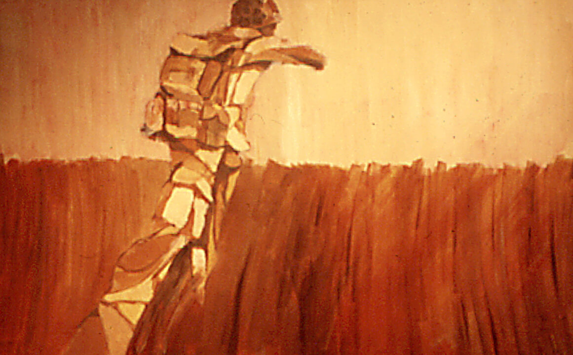 Red and tan painting of a soldier in a field