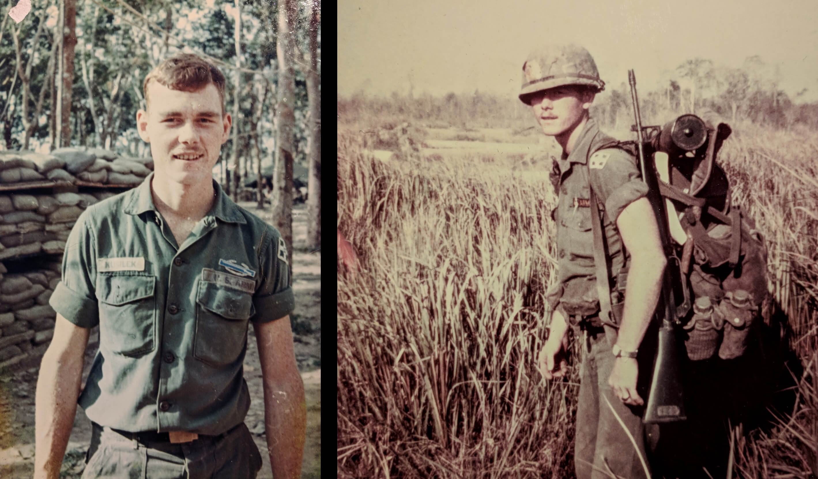 Two photos of a Vietnam War soldier out in the field.