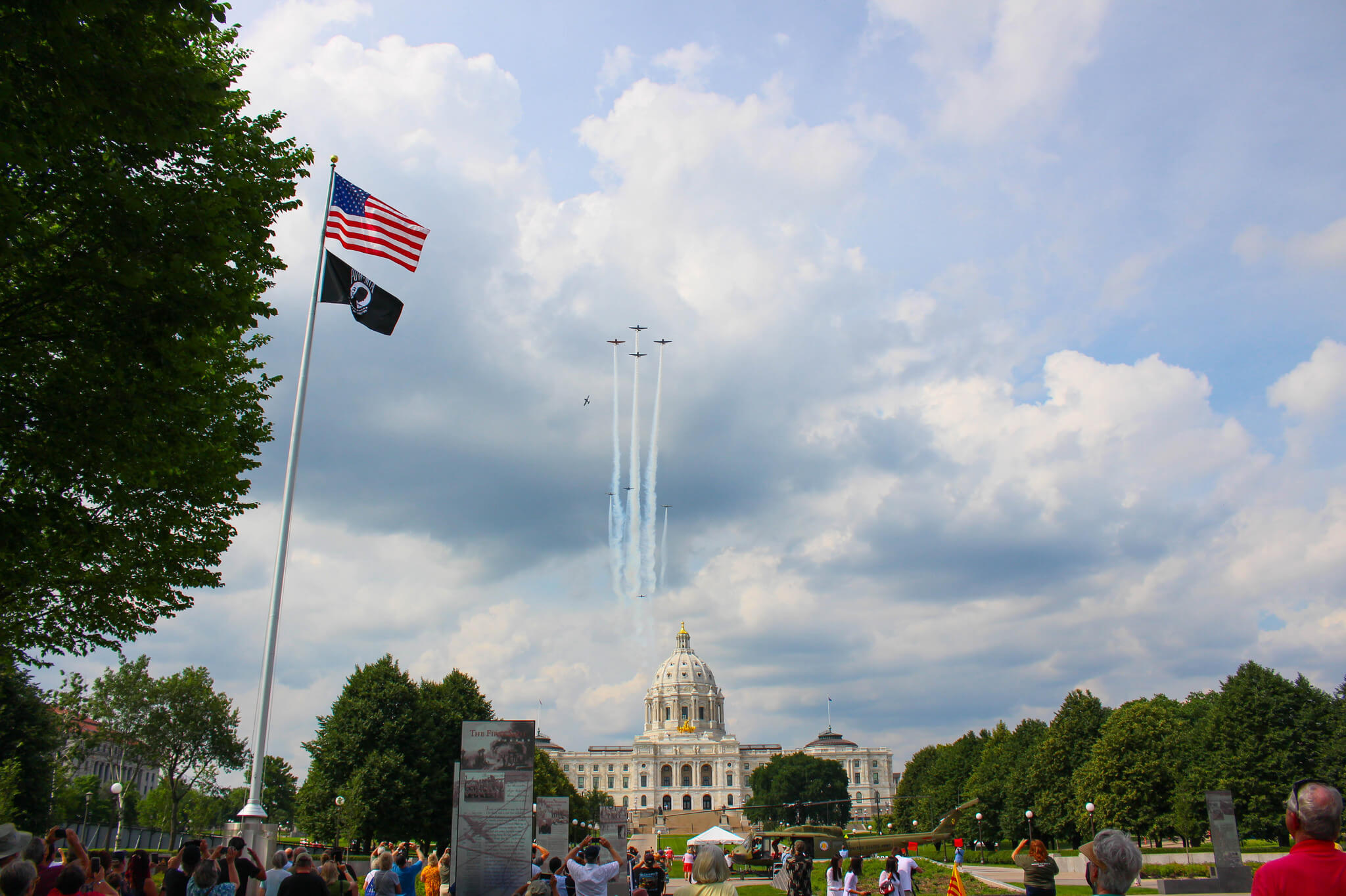 Flyover of aircraft over the Minnesota State Capitol.